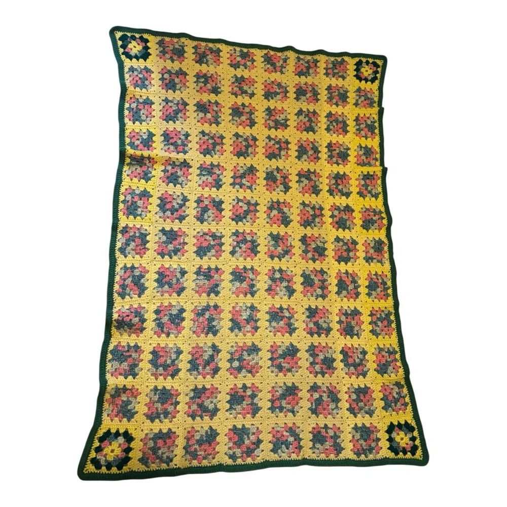 Colorful Crochet Granny Square Blanket- Yellow & Green 38X58 Like New